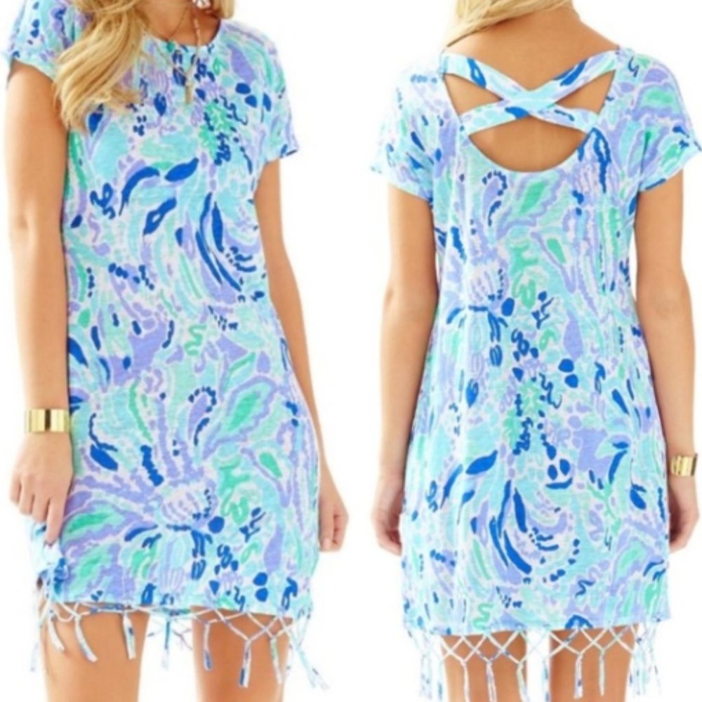 Lilly Pulitzer Mini Dress Linen Beachcomber Nice Ink Fringe Beachy Boho Blue XS